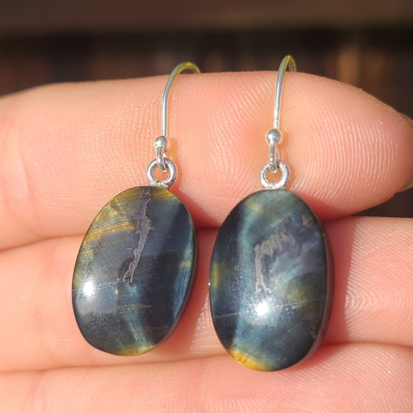 Blue Tiger Eye 925 Earrings - Picture 2 of 8